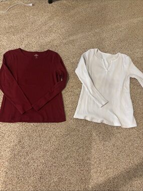 2 long sleeve tees SMALL red & white ribbed EUC
